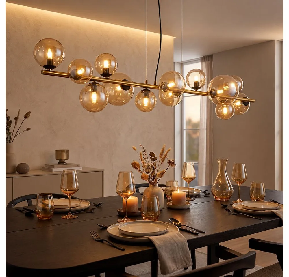 LED Pendelleuchte, Leuchtmittel inklusive, Hängeleuchte Decken Pendelleuchte amber messing Kugel LED L 120 cm von Globo in Schwarz – Produktfoto