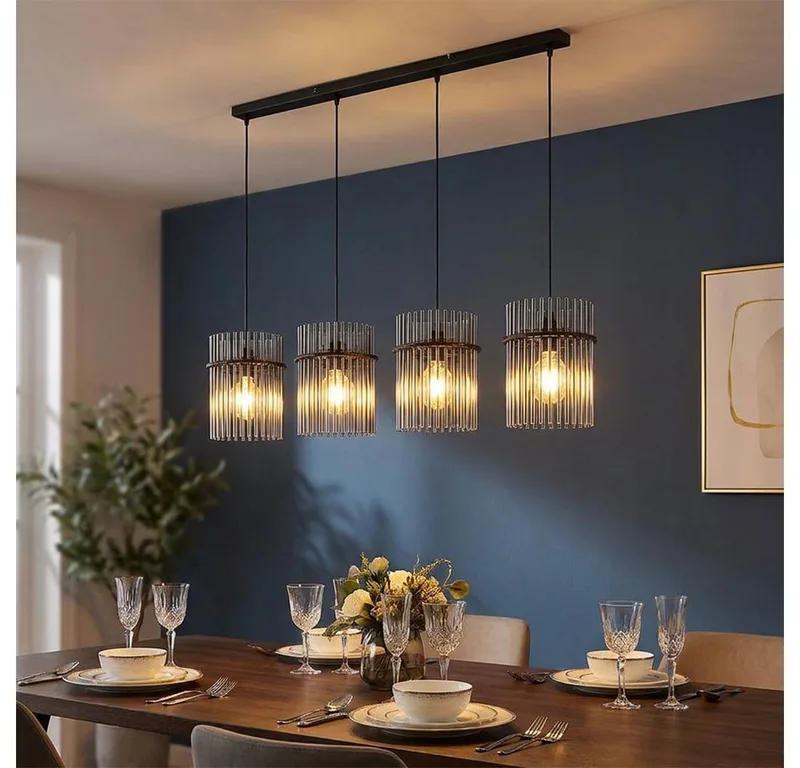 LED Pendelleuchte, Leuchtmittel inklusive, LED Pendelleuchte Hängeleuchte Deckenlampe Esszimmerlampe Glasstäbe von Globo in Schwarz – Produktfoto