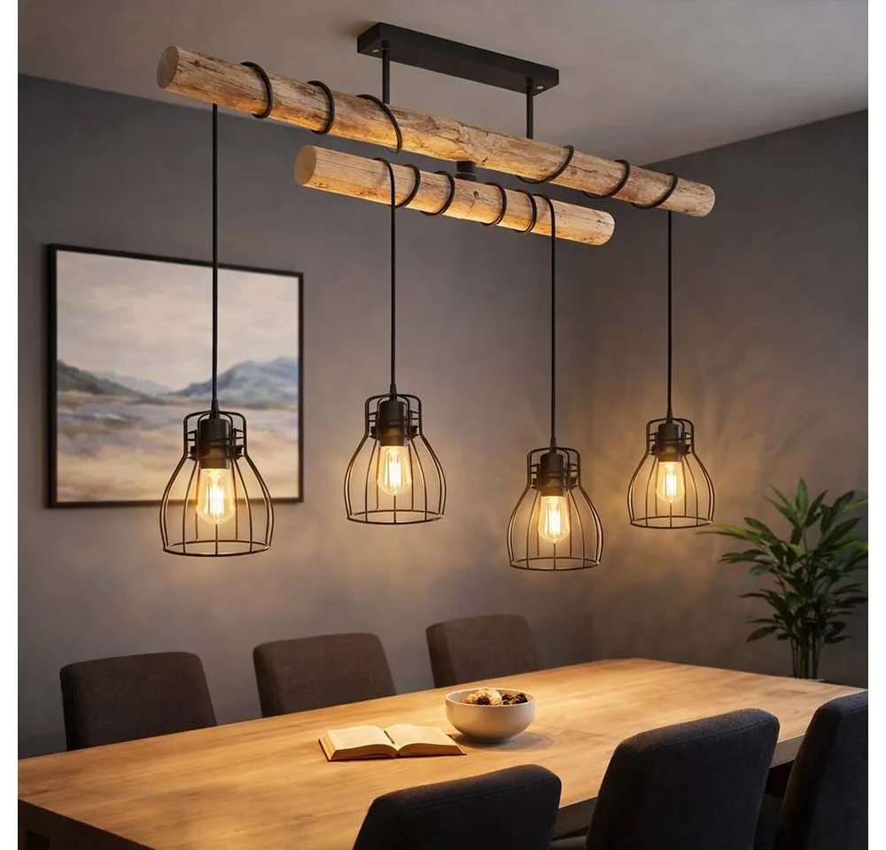 LED Pendelleuchte, Leuchtmittel inklusive, Warmweiß, LED Hängeleuchte Pendelleuchte Holzlampe Balken Höhenverstellbar von Globo in Braun – Produktfoto