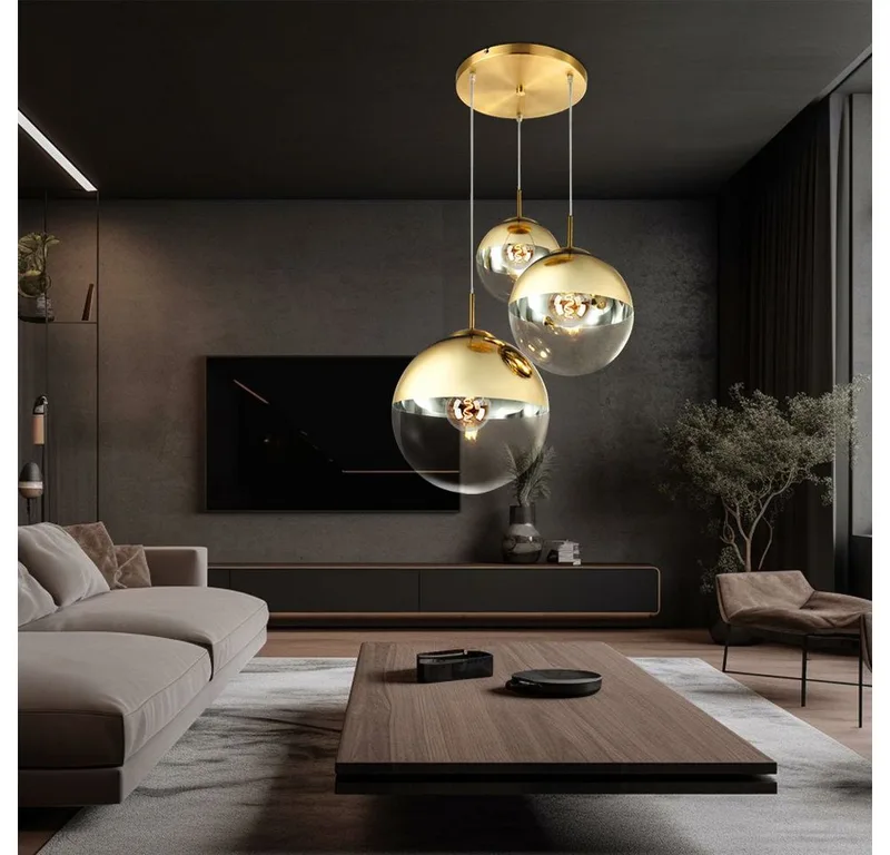 LED Pendelleuchte, Leuchtmittel inklusive, Warmweiß, LED Hängelampe Pendelleuchte Glas 3 flammig goldfarben Glaskugel by Globo – product photo