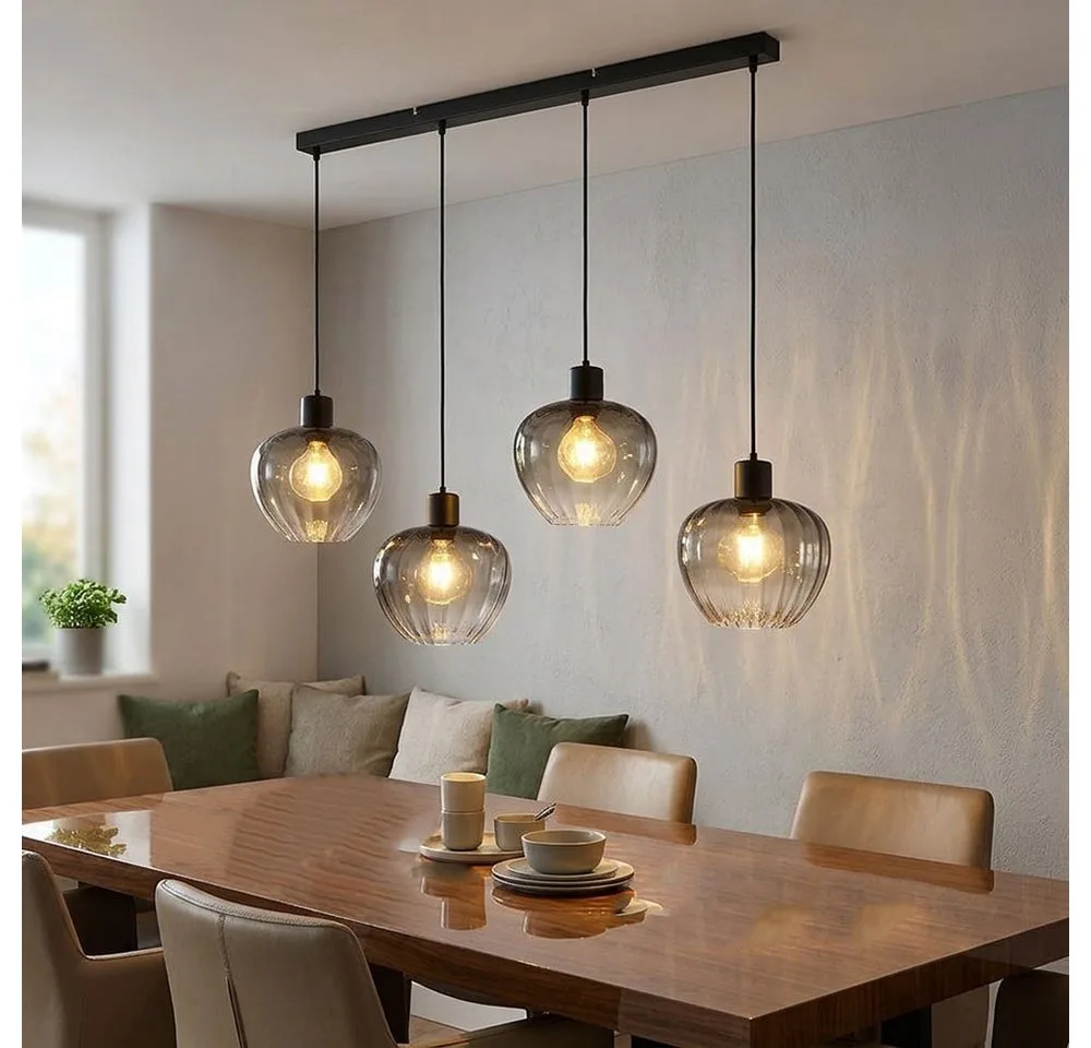 LED Pendelleuchte, Leuchtmittel inklusive, Warmweiß, LED Hängeleuchte Metall Rauchglas 4-flammig Warmweiß H 120 cm de Globo en Noir – photo produit