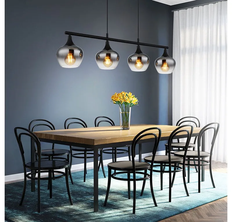 LED Pendelleuchte, Leuchtmittel inklusive, Warmweiß, LED Pendelleuchte Esszimmerlampe Metall Glas rauchfarben 4 Flammig de Globo en Noir – photo produit