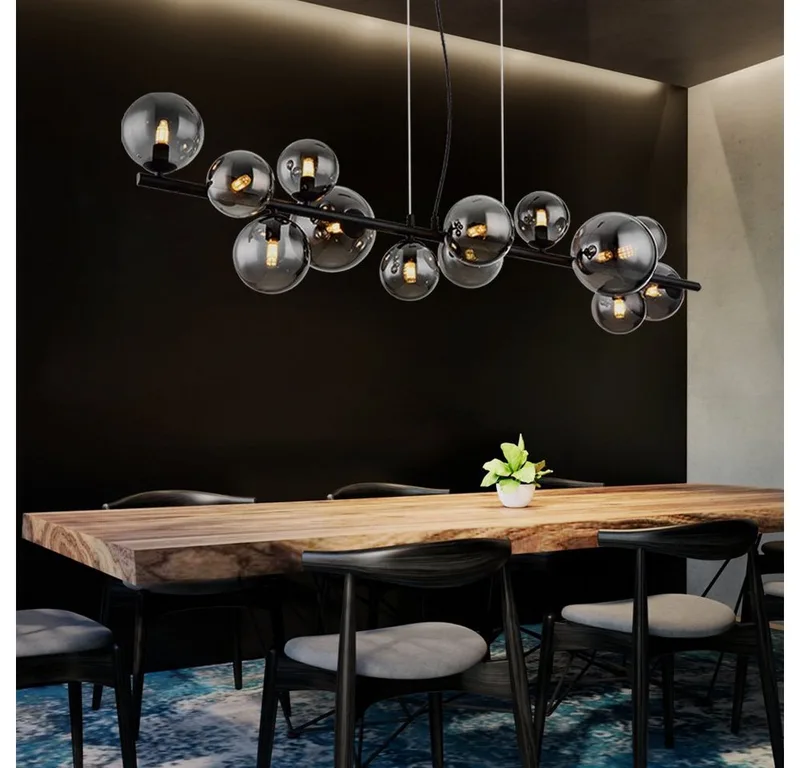 LED Pendelleuchte, Leuchtmittel inklusive, Warmweiß, LED Pendelleuchte Esszimmerlampe Metall Glas rauch 13 Flammig L 120 cm von Globo in Schwarz – Produktfoto