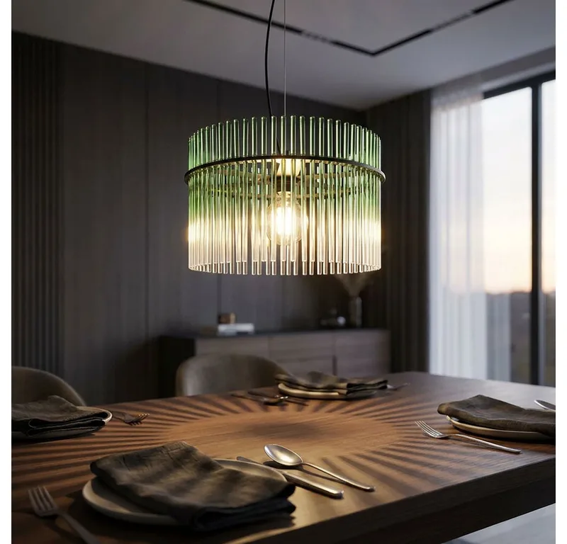 LED Pendelleuchte, Leuchtmittel inklusive, Warmweiß, Pendelleuchte Hängelampe Esszimmerlampe Glas klar LED H 150 cm von Globo in Grün – Produktfoto