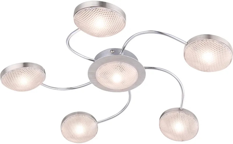 LED plafondlamp 6 vlammen plafondspot nikkel mat chroom aluminium plafondlamp, 5 armen, 6x LED 345lm warm wit, 43x6cm, woonkamer hal slaapkamer hal von Globo in Silber – Produktfoto