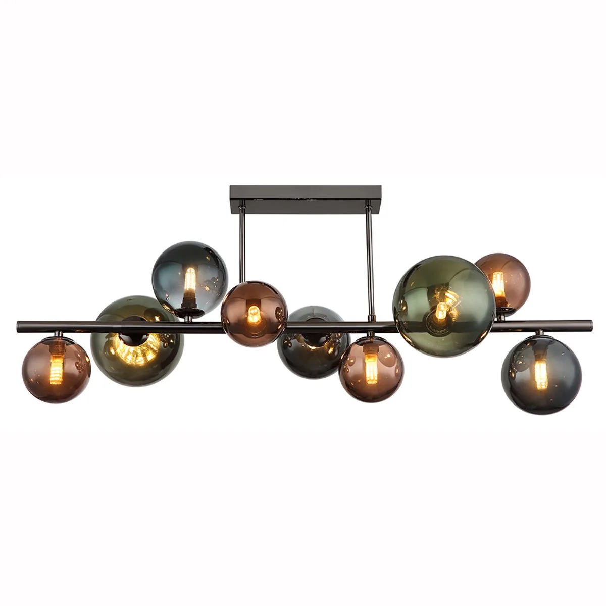 LED plafondlamp 9 vlammen glazen bollen eetkamerlamp, brons petrol groen, 9x 3.5W 350Lm warm wit, LxBxH 87x30x38 cm by Globo in Grey – product photo