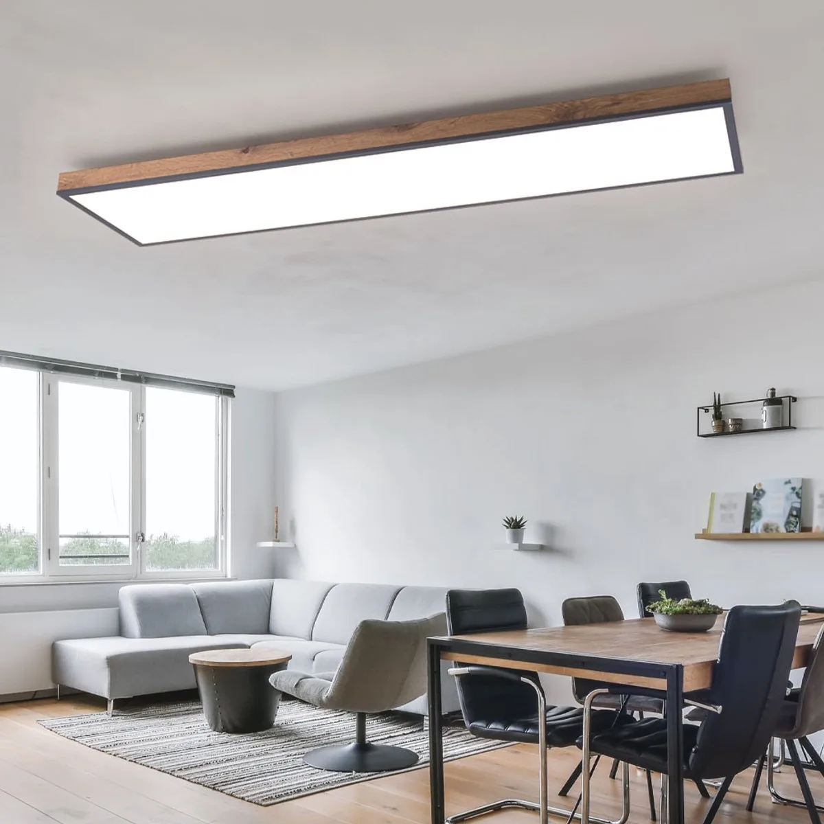 LED plafondlamp afstandsbediening houtlamp woonkamerlamp CCT, nachtlamp, aluminium houtlook grafiet opaal, 1x 36W 2250Lm warm-koud wit, L 120 cm fra Globo i Brun – produktbillede