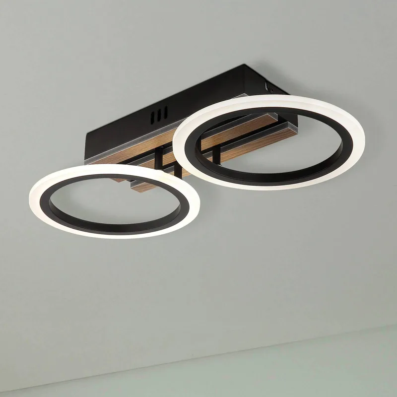 LED plafondlamp Blevins, 2-lamps, zwart/houtlook, lengte 46 cm de Globo en Matzwart, Hout, Opaal – photo produit