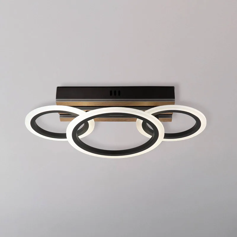 LED plafondlamp Blevins, 3-lamps, zwart/houtlook, lengte 46 cm de Globo en Matzwart, Hout, Opaal – photo produit