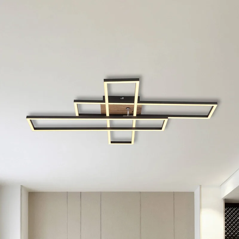 LED plafondlamp Dakari, lengte 80 cm, zwart/hout, 3-lamps. de Globo en Noir, Donker hout – photo produit