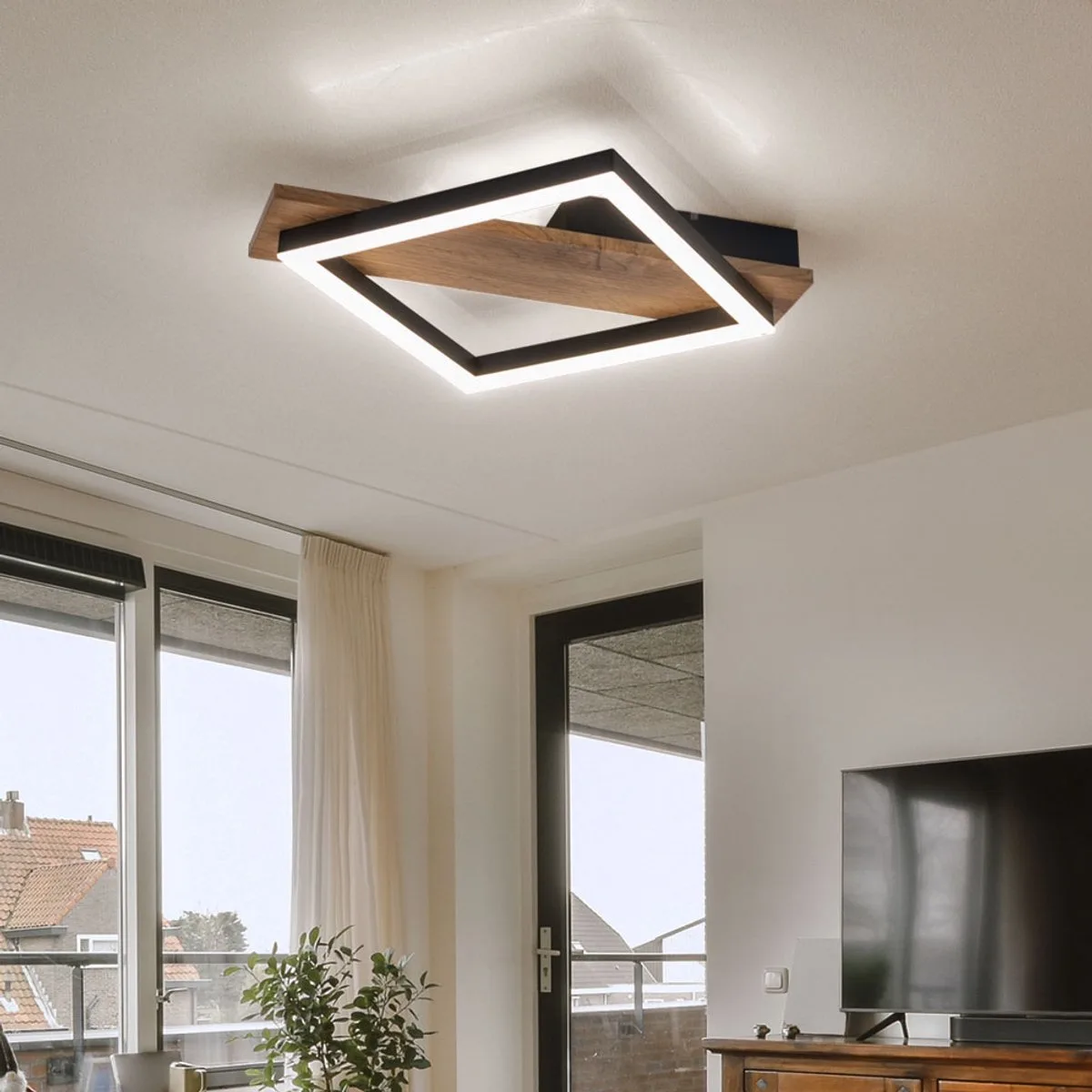 LED plafondlamp Design lamp Woonkamerlamp Eetkamerlamp Keukenlamp, metaal hout look kunststof 12W 600lm 3000K warm wit, H 5,5 cm van Globo in Zwart – productfoto