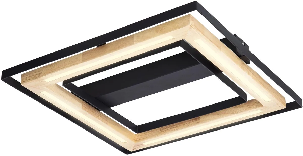 LED plafondlamp dimbaar bamboe woonkamerlamp, metaal zwart naturel, 21W 2600lm warm wit, LxH 46 x 6 cm by Globo in Hout – product photo