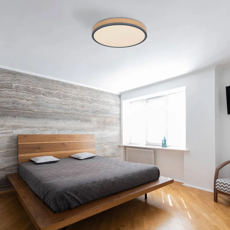 LED plafondlamp Doro, Ø 45 cm, donker grafiet/hout, hout, 830 de Globo en Donker hout, Grafiet, Opaal – photo produit