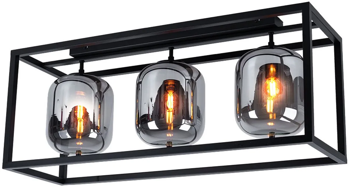 LED plafondlamp glazen lamp 3 vlammen glazen kap rookkleurige rond zwart woonkamerlamp, metaalglas, zwart, 3x E14 gloeidraad LED warm wit, LxH 77x32,5 cm de Globo en Noir – photo produit