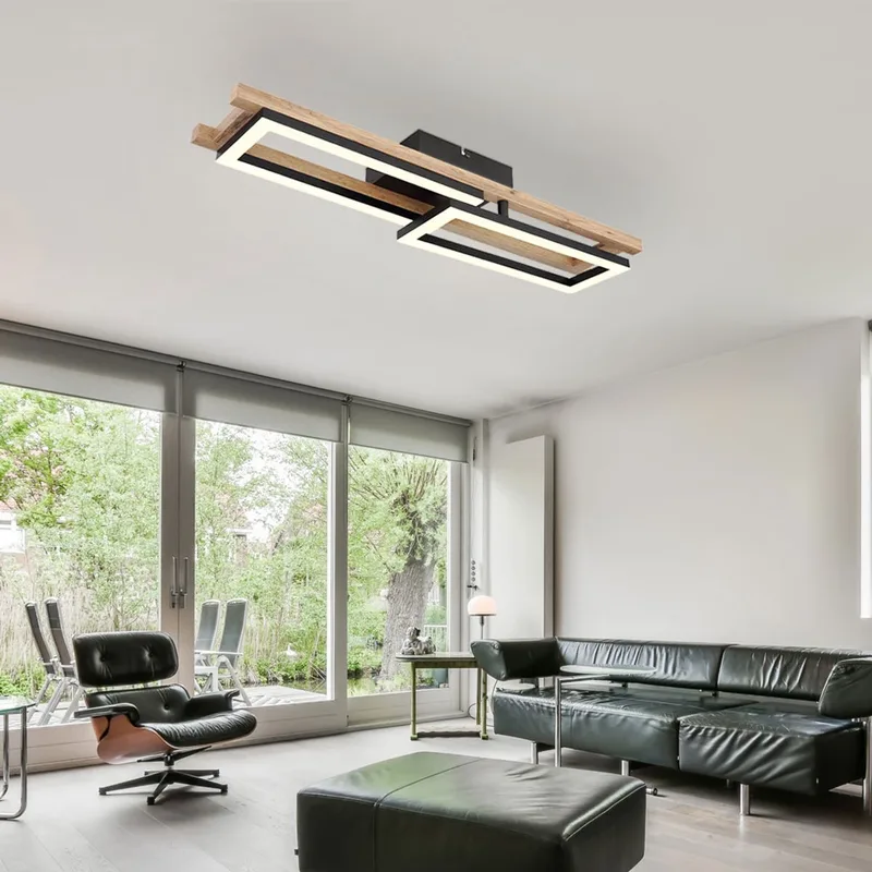 LED plafondlamp hoekig hout slaapkamer woonkamer lamp, 1 rechthoek verstelbaar, metaal zwart, 20W 850lm 3000k, LxH 69x10,5 cm fra Globo i Brun – produktbillede