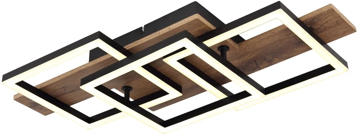 LED plafondlamp hout woonkamer lamp vierkantjes, MDF metaal, 24W 1300Lm warm wit, LxBxH 58x33x8,5 cm de Globo en Marron – photo produit