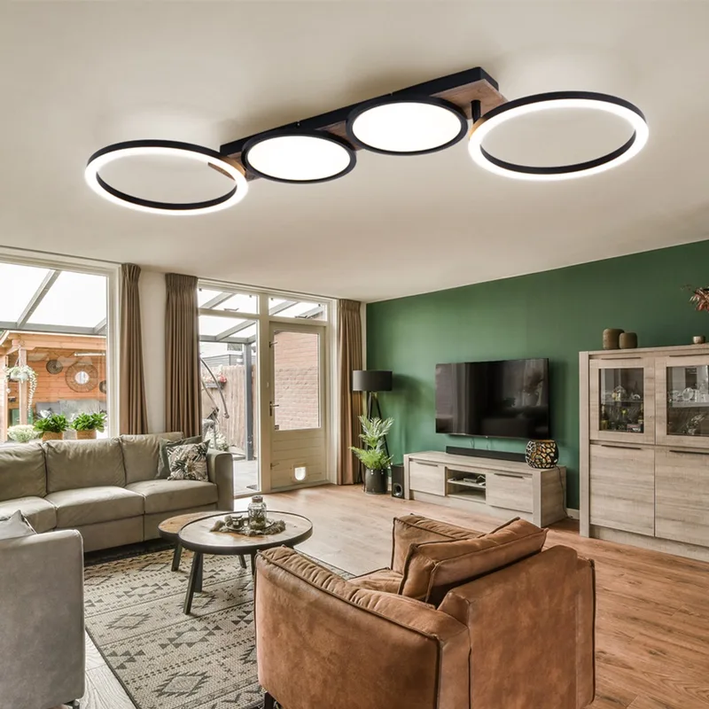 LED plafondlamp houtlook woonkamer zwart met beweegbare elementen, metaal, 38W 2300lm warm wit, LxBxH 108,5x30x11 cm von Globo in Braun – Produktfoto
