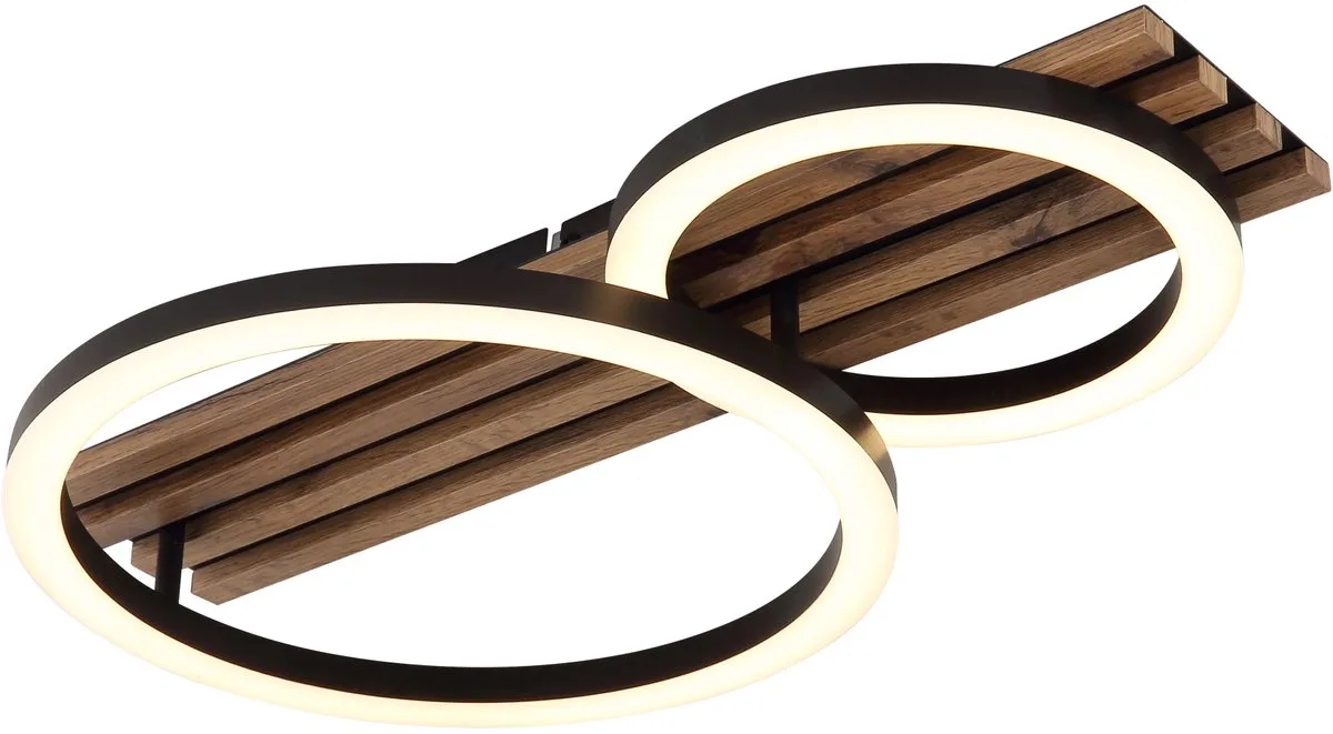 LED plafondlamp ringen zwart design licht houten lamellen woonkamer lamp, 18W 850Lm warm wit, LxBxH 48x30x9,5 cm de Globo en Marron – photo produit