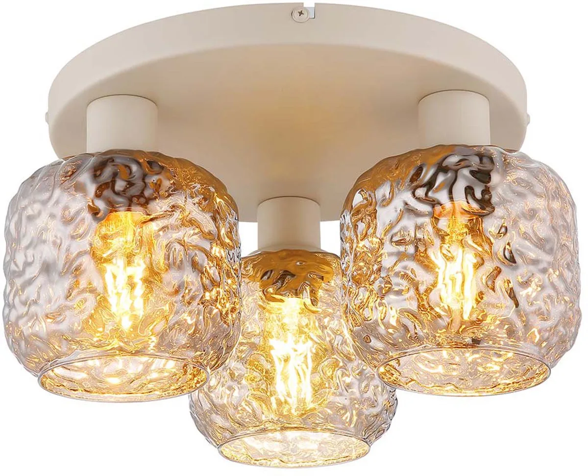 LED plafondlamp rookglas 3-vlam modern design licht dent-look, metaal, 3x 7W 806Lm warm wit, DxH 37 x 19 cm de Globo en Beige – photo produit