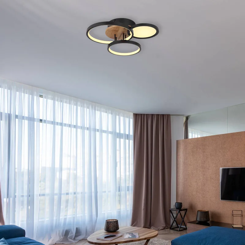 LED plafondlamp Sid met hout, 4-lamps från Globo i Svart, Hout donker – produktbild