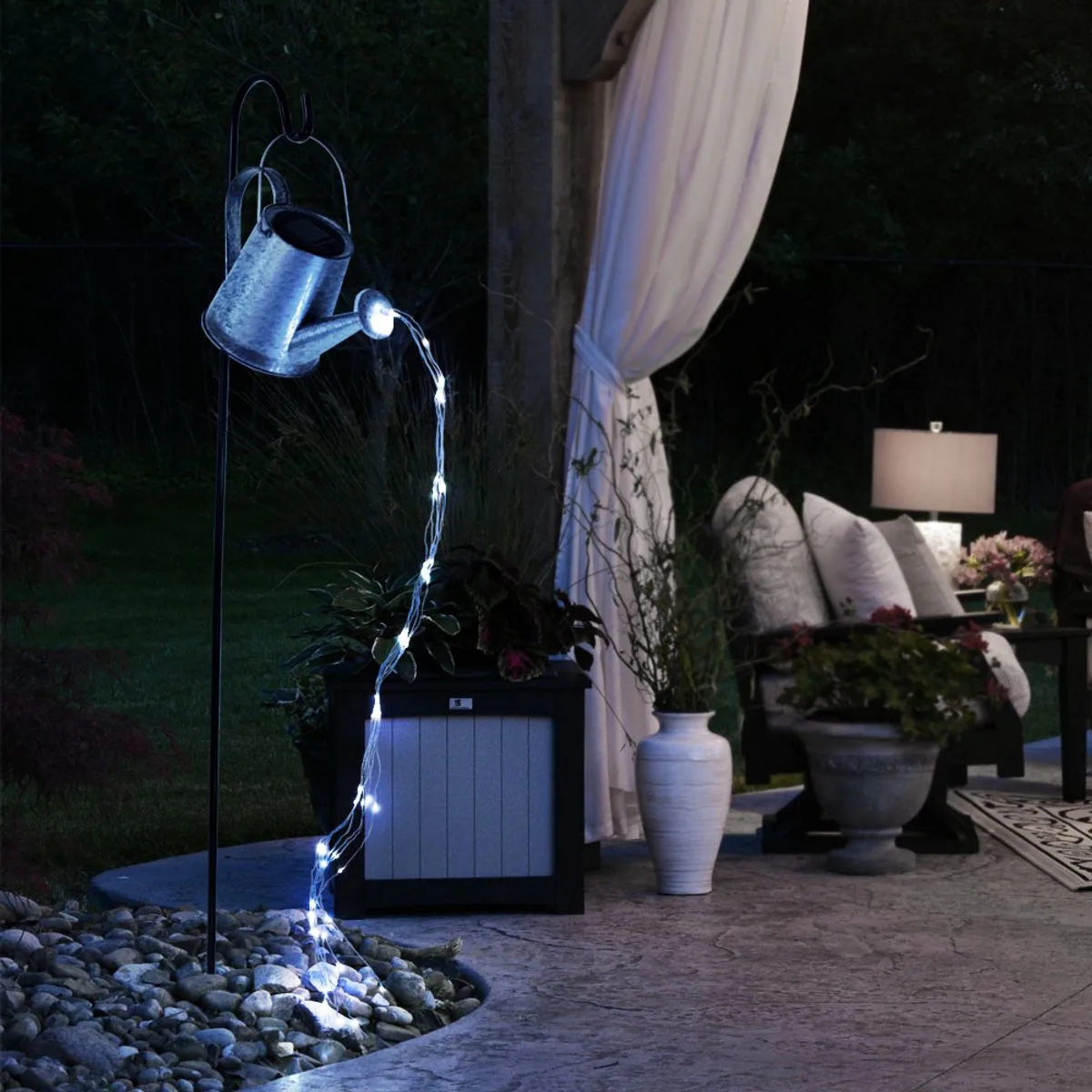 LED solar buitenlamp plug-in lamp gieter tuindecoratie solar lamp, metaal zilvergrijs, met schakelaar, 80x LED 4000K neutraal wit, LxBxH 30x17x112cm de Globo en Noir – photo produit