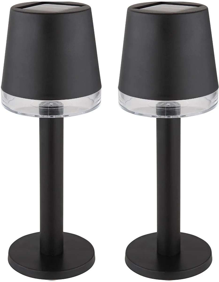 LED solarlamp tafellamp buitenlamp terraslamp tuinlamp, helder kunststof, oplaadbare batterij 6-8u IP44, 3000K warm wit, set van 2, H 21,5 cm från Globo i Svart – produktbild