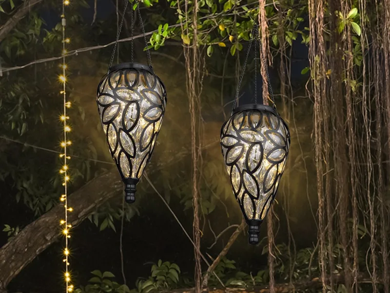 LED Solarleuchte, LED fest integriert, warmweiß, 2er Set außergewöhnliche Hängeleuchte Outdoor Solarlicht Balkon H 50cm fra Globo i Sort, Hvid – produktbillede 2 af 5