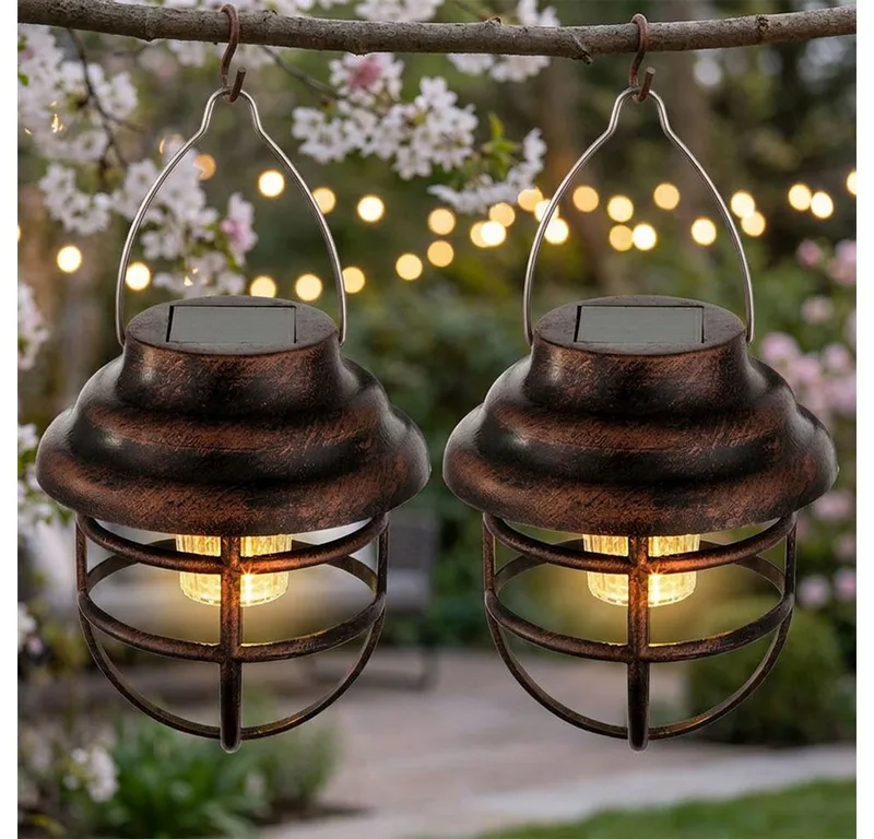 LED Solarleuchte, LED-Leuchtmittel fest verbaut, 2er Set LED Solarleuchte Laterne Gartendeko rost klar Außenlampe de Globo en Marron – photo produit