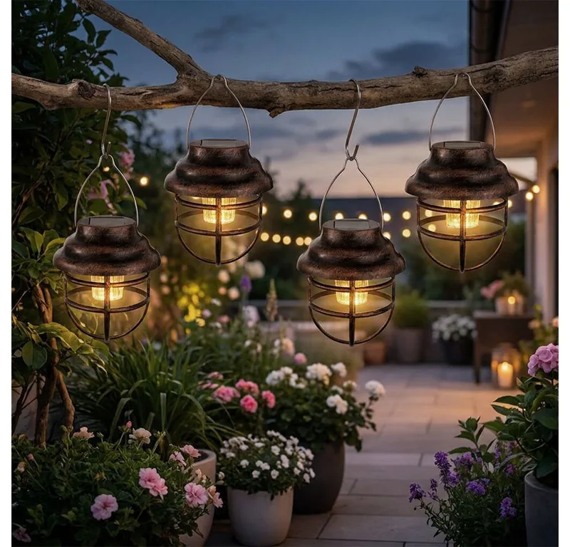 LED Solarleuchte, LED-Leuchtmittel fest verbaut, 4er Set LED Solar Pendel Laternen Gitter Design Außen von Globo in Braun – Produktfoto