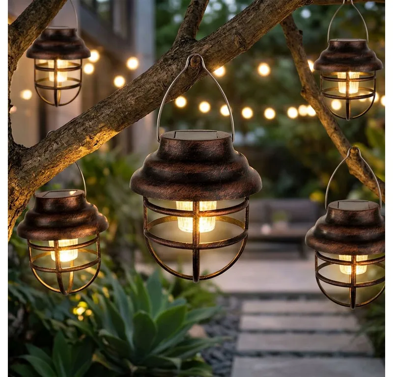 LED Solarleuchte, LED-Leuchtmittel fest verbaut, 5er Set LED Solarleuchte Pendellampe Laternen Gitter Design Außenlampe von Globo in Braun – Produktfoto