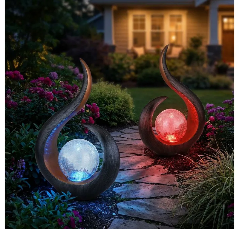 LED Solarleuchte, LED-Leuchtmittel fest verbaut, Farbwechsel, 2x Skulptur Solarlampen für Außen zum stellen LED Solarleuchte de Globo en Noir – photo produit