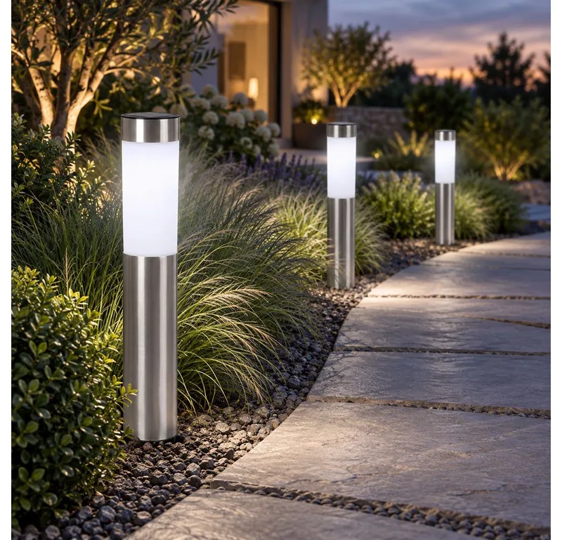 LED Solarleuchte, LED-Leuchtmittel fest verbaut, Solarleuchte Stecklampe Außenleuchte LED Edelstahl Erdspieß 3er Set de Globo en Argent – photo produit
