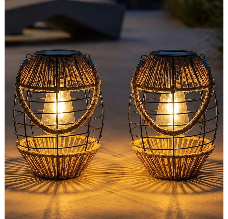 LED Solarleuchte, LED-Leuchtmittel fest verbaut, Warmweiß, 2x Solarlaterne für Außen stehend Solar Gartendeko Balkondeko fra Globo i Brun – produktbillede