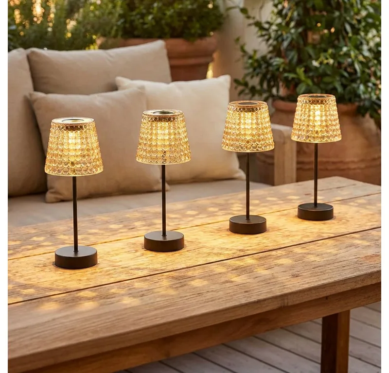LED Solarleuchte, LED-Leuchtmittel fest verbaut, Warmweiß, Außenlampe Solarlampe Tischleuchte LED Gartendeko Kristallleuchte 4x von Globo in Schwarz – Produktfoto