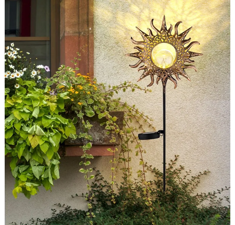 LED Solarleuchte, LED-Leuchtmittel fest verbaut, Warmweiß, LED Solarleuchte Metall rost Crackle-Glas warmweiß IP44 H 81 fra Globo i Sort – produktbillede