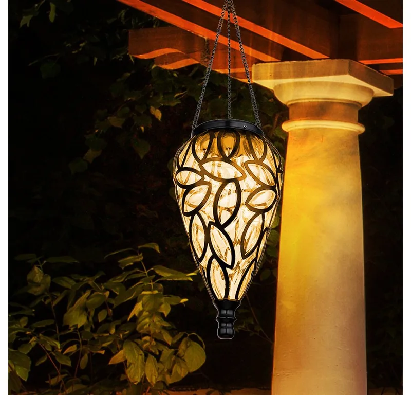 LED Solarleuchte, LED-Leuchtmittel fest verbaut, Warmweiß, Solarlampe Gartendeko Hängeleuchte Außenlampe hängend LED de Globo en Noir – photo produit