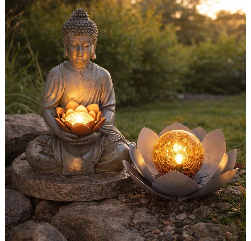LED Solarleuchte, LED-Leuchtmittel fest verbaut, Warmweiß, Solarleuchte Buddha Feng Shui Außen Solarblume Aussen Lotusblume Solar de Globo en Gris – photo produit