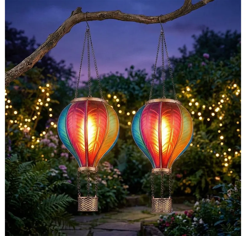 LED Solarleuchte, LED-Leuchtmittel fest verbaut, Warmweiß, Solarlampe Außenleuchte Heißluftballon Feuereffekt Gartendeko 2er Set von Globo in Mehrfarbig – Produktfoto