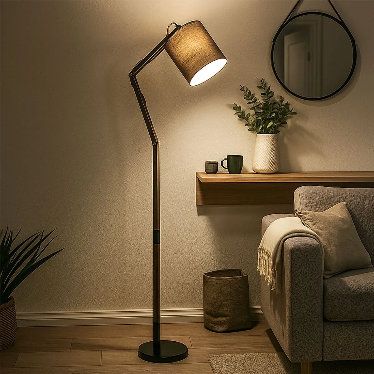 LED-staande lamp, textiel, scharnierende staande lamp, houten kap, zwenkbaar, bruin-zwart, 9 W, 810 lm, warm wit, LxBxH 75 x 25 x 172 cm by Globo in Black – product photo