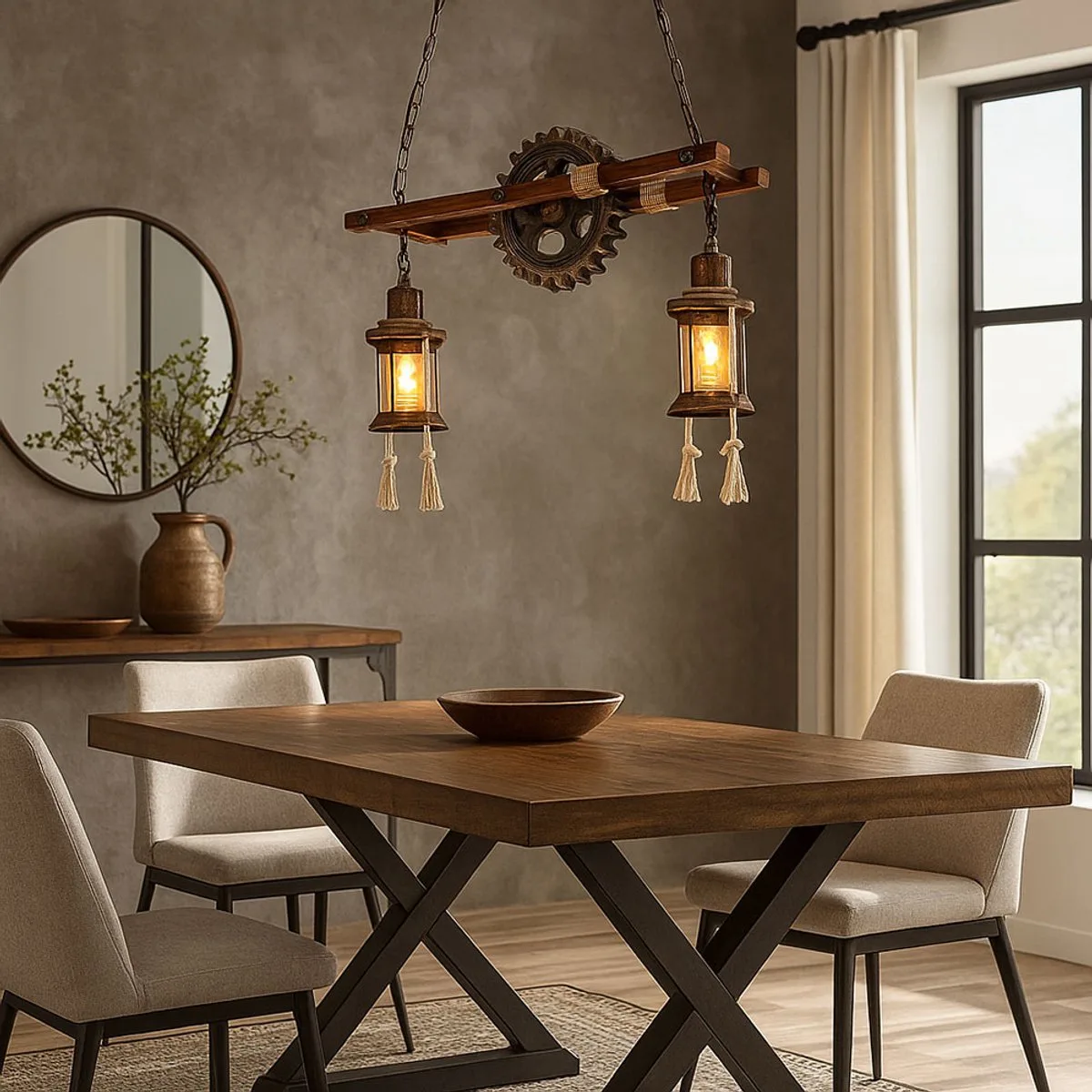 LED steampunk lamp filament hanglamp vintage industriële hanglamp hout metaal, lantaarn tandwiel, glas, messing, 2x 6W 806Lm warm wit, LxBxH 62x20x110 cm de Globo en Noir – photo produit