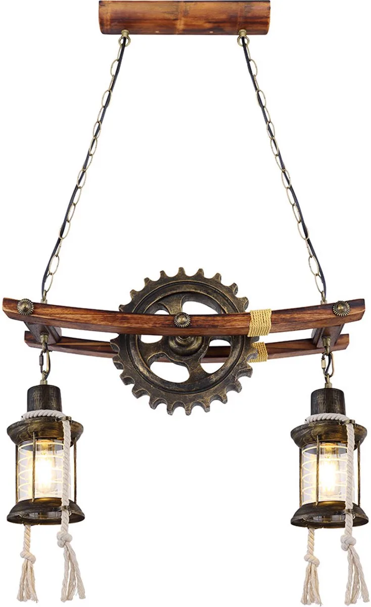 LED steampunk lamp hanglamp vintage industriële hanglamp hout metaal, lantaarn tandwiel, glas, messing, 2x 4W 2x 320lm warm wit, LxBxH 62x20x110 cm de Globo en Noir – photo produit