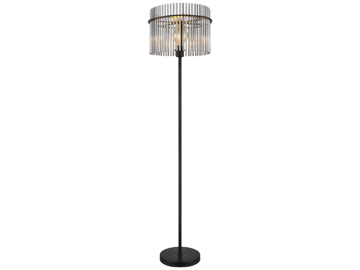 LED Stehlampe, Dimmfunktion, LED wechselbar, warmweiß, ausgefallene Lampenschirm Rauch-glas stehend hinter Sofa Ecke, H 152cm von Globo in Schwarz – Produktfoto