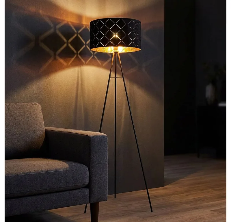 LED Stehlampe, Leuchtmittel inklusive, Warmweiß, LED Stehlampe Standleuchte Beistelllampe 3 Beine schwarz gold H 149cm de Globo – photo produit