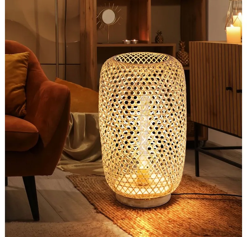 LED Stehlampe, Leuchtmittel inklusive, Warmweiß, Steh Leuchte Bambus-Geflecht natur Stand Lampe Wohn Schlaf Zimmer de Globo en Marron – photo produit