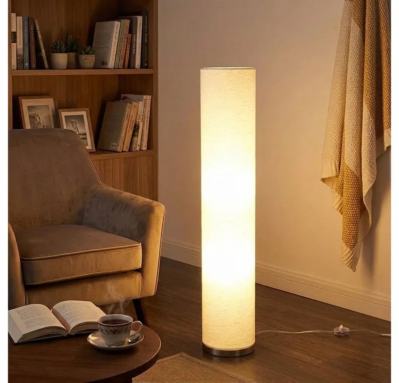 LED Stehlampe, Leuchtmittel inklusive, Warmweiß, Stehlampe Stehleuchte Wohnzimmerlampe 3 flammig Stoff LED H 110cm de Globo en Blanc – photo produit