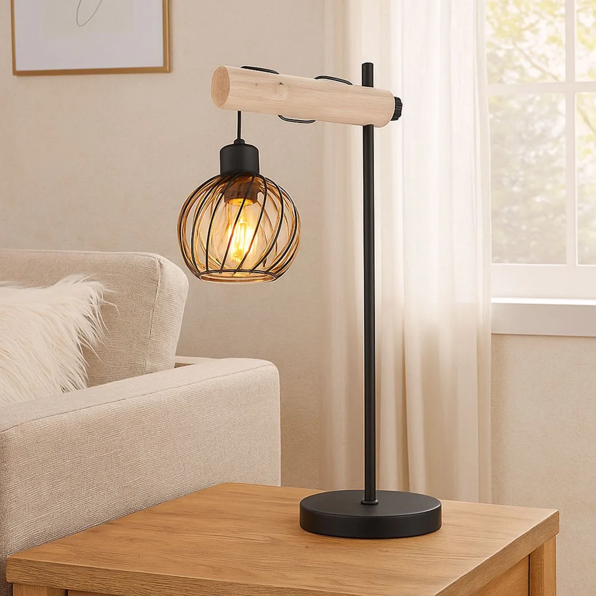 LED tafellamp glas amber tafellamp retro bedlamp hout, metaal 1x 7W 806Lm warm wit, LxBxH 33x18x55 cm de Globo en Noir – photo produit