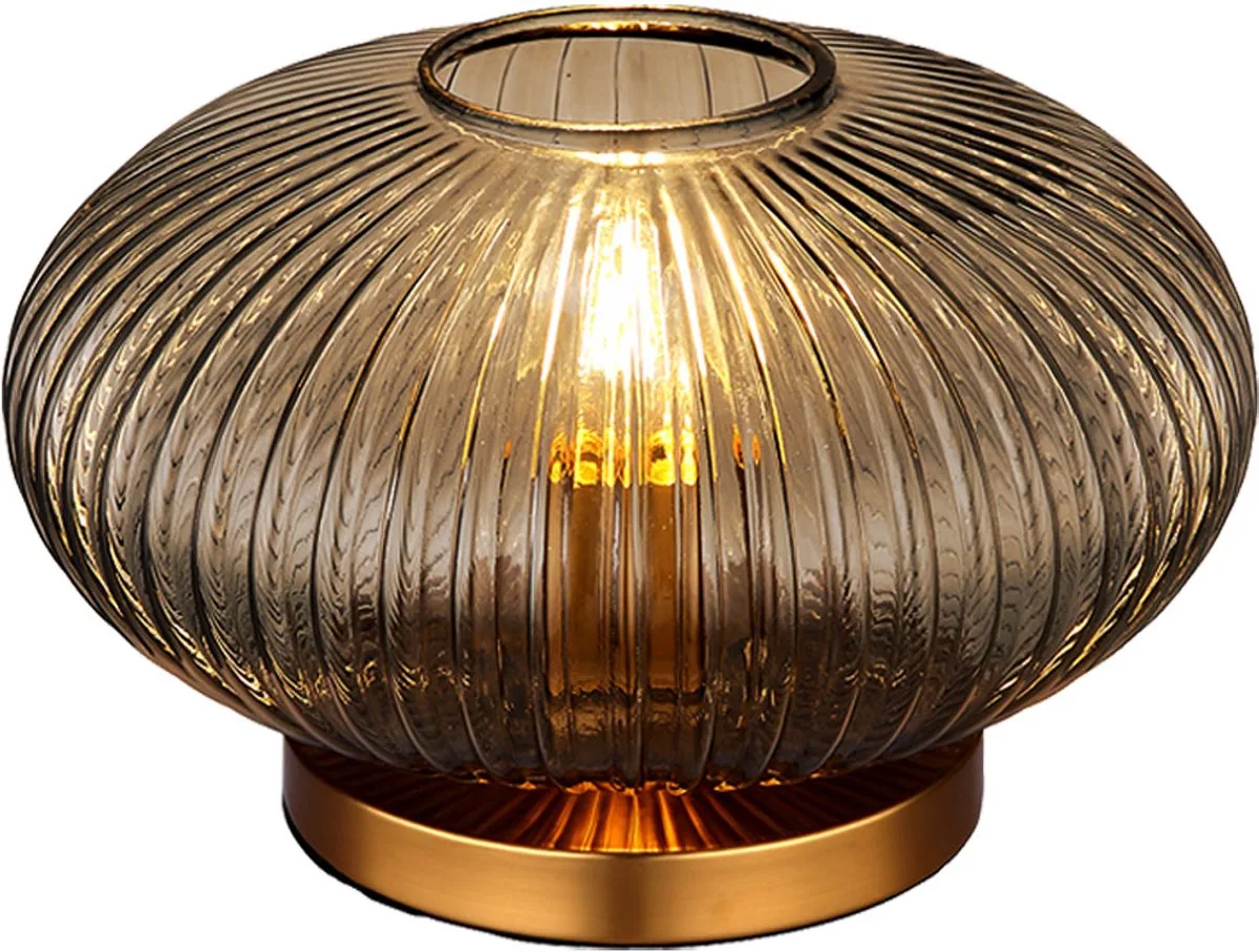 LED tafellamp rookglas retro bedlamp tafellamp woonkamer, metaal messing, 1x E27 gloeidraad LED warm wit, DxH 30 x20 cm fra Globo i Duidelijk – produktbillede