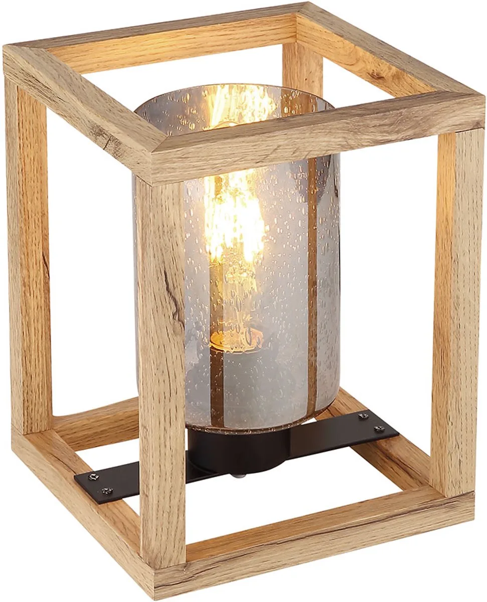 LED tafellamp rookglas tafellamp zwart bijzetlamp naturel hout, bubble optics, 7W 806lm warm wit, LxBxH 17x17x22 cm från Globo i Brun – produktbild