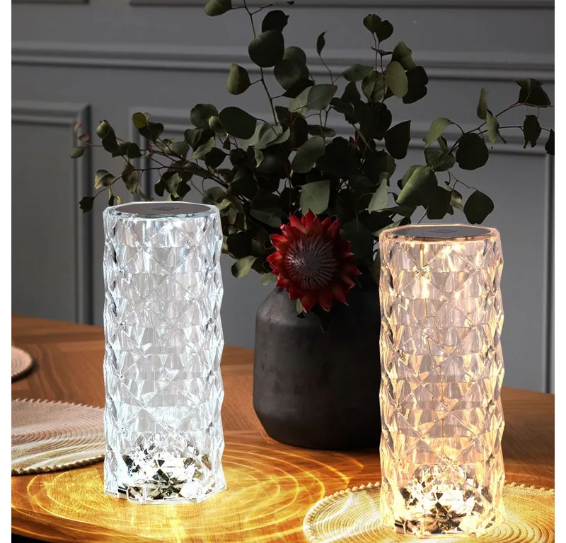 LED-tafellamp, vast ingebouwde LED-lichtbron, warmwit, neutraalwit, daglichtwit, nachtkastlamp touchdimmer kristal zilver set van 2 van Globo in Zilver – productfoto