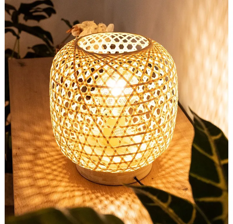 LED Tischleuchte, Leuchtmittel inklusive, Tisch Leuchte Wohn Zimmer Bambus Geflecht FILAMENT Lampe natur im de Globo en Marron – photo produit
